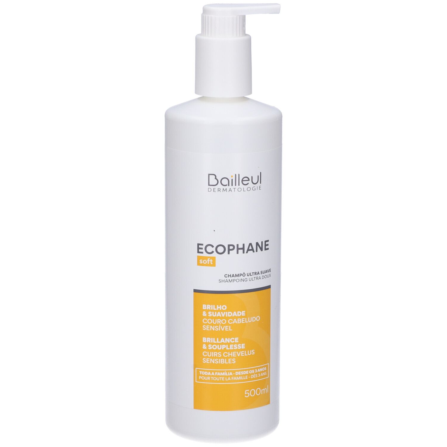Weiße Flasche mit Pumpe. Auf gelbem Etikett: Ecophane soft, Champú ultra suave. 500ml.
