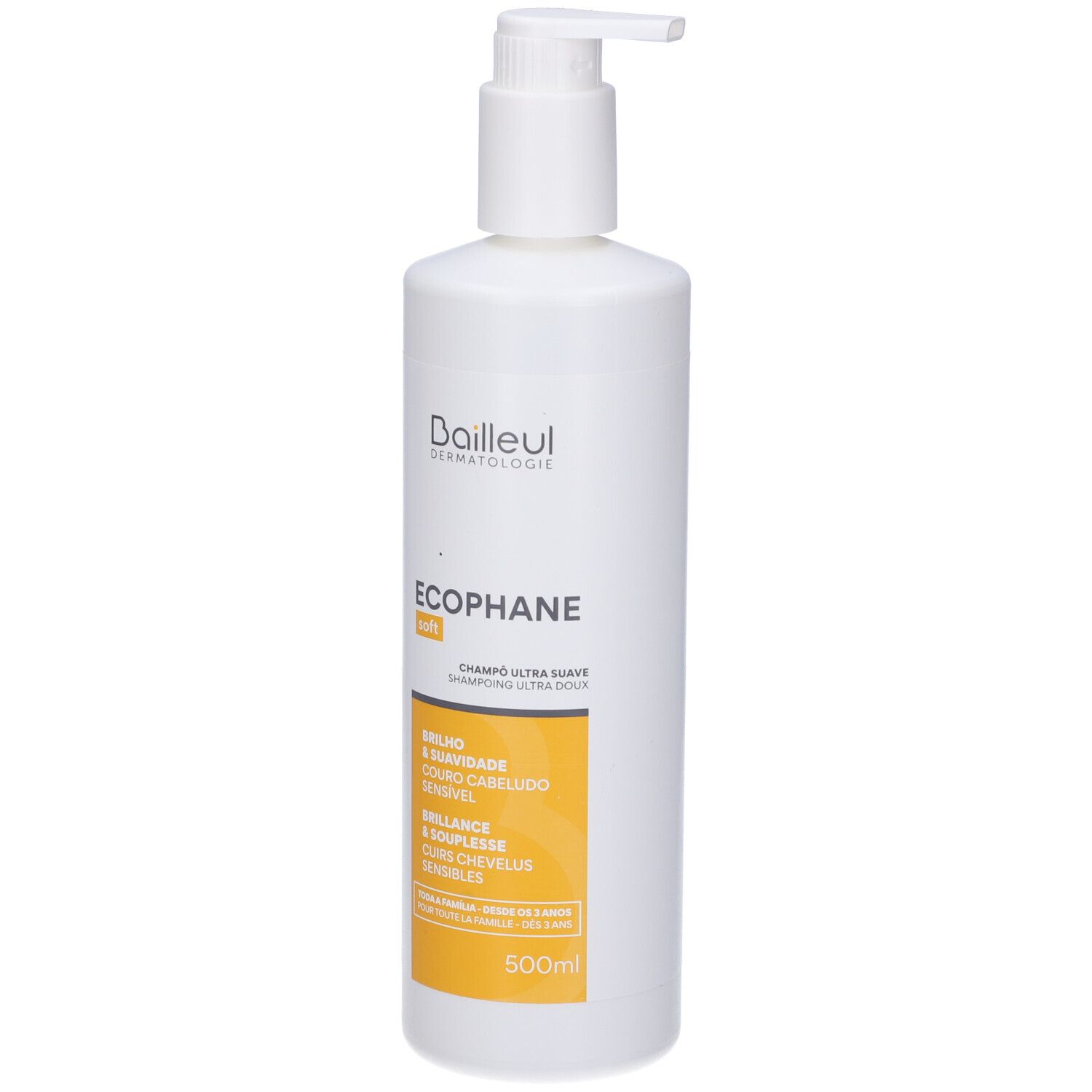 Weiße Flasche mit Pumpe. Auf gelbem Etikett: Ecophane soft, Champú ultra suave. 500ml.