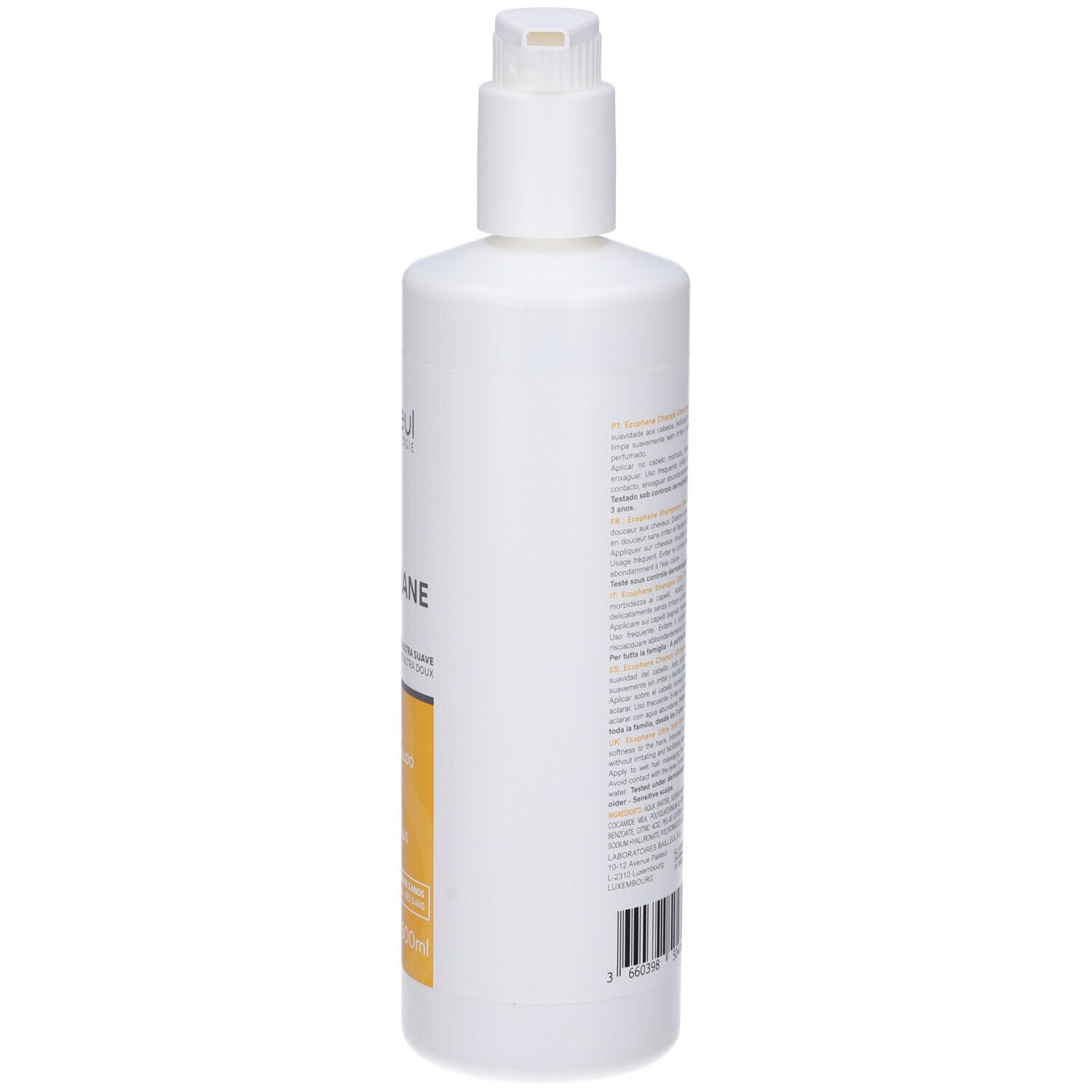 Weiße Flasche mit Pumpe. Aufschrift: Baieulle Dermatologie. Text und Barcode auf der Seite.