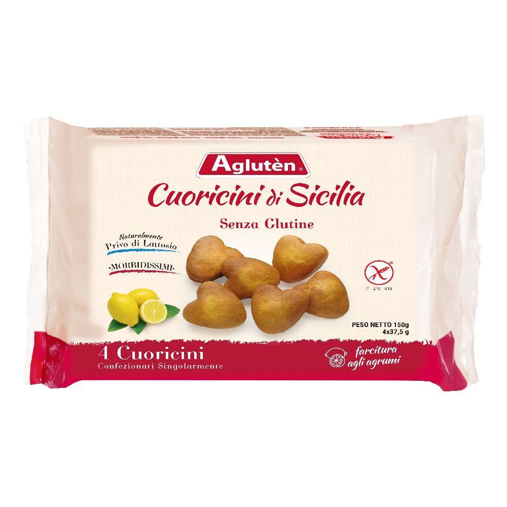 Confezione di pasticcini. Scritta: Aglutèn Cuoricini di Sicilia, senza glutine. Contiene 4 pezzi. Con illustrazione di limoni.