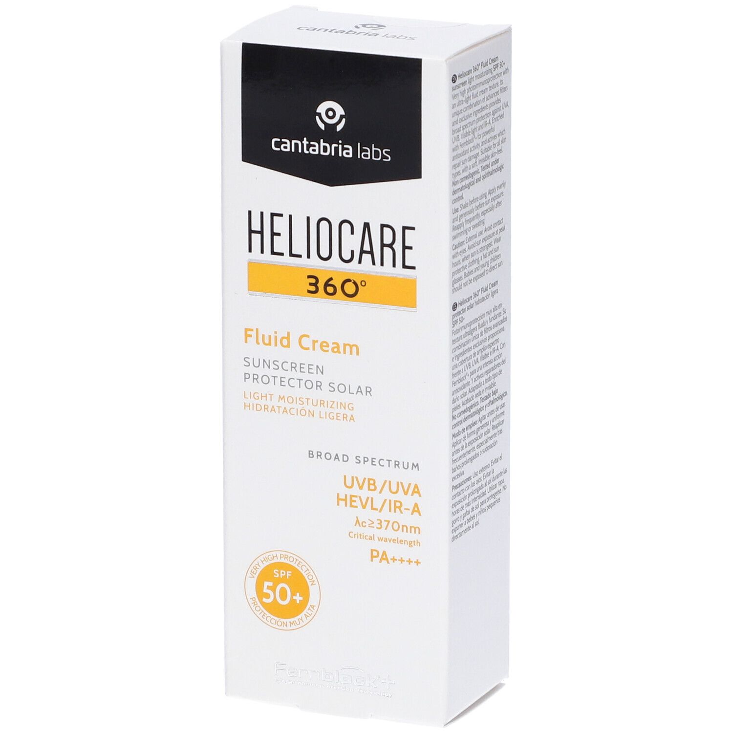 Confezione bianca. Scritta: Heliocare 360° Fluid Cream, SPF 50+.
