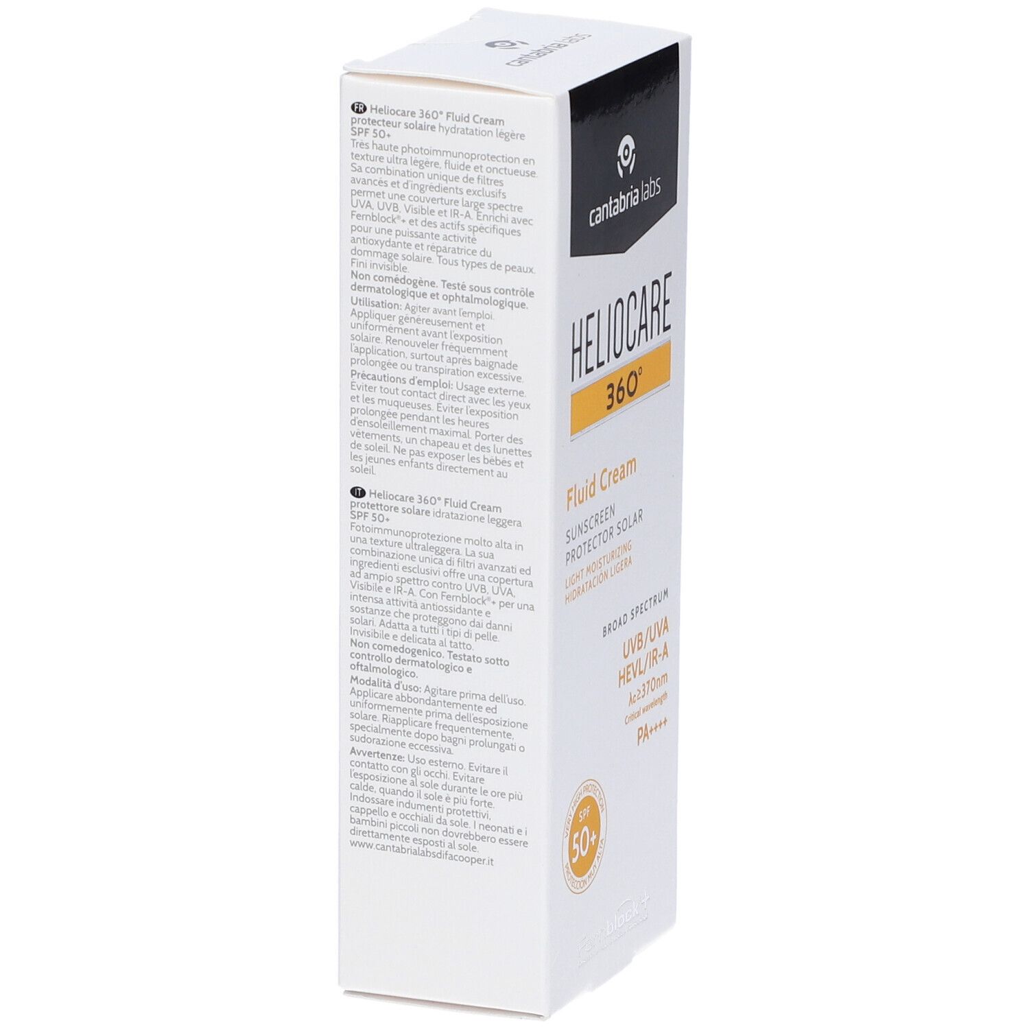 Confezione. Scritta: Heliocare 360° Fluid Cream, SPF 50+.
