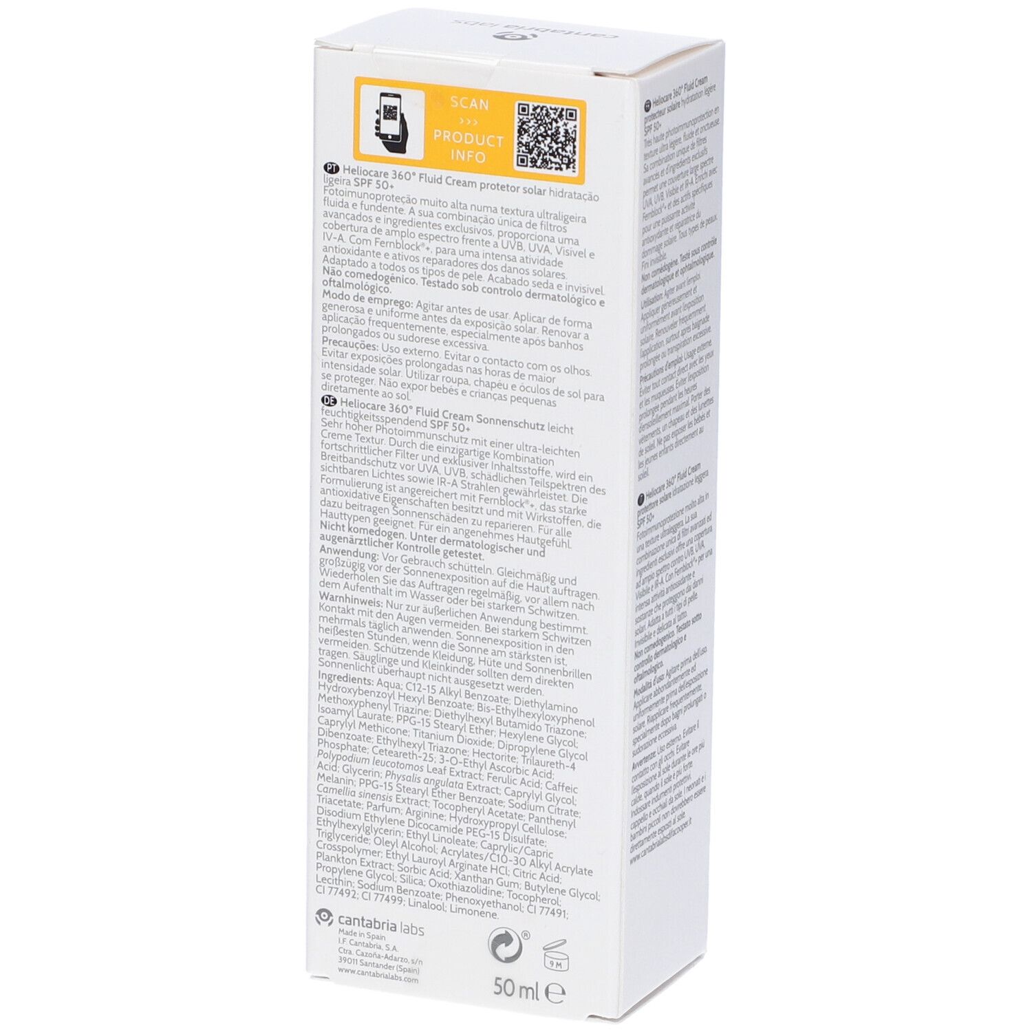 Confezione. Scritta: Heliocare 360° Fluid Cream, SPF 50+.