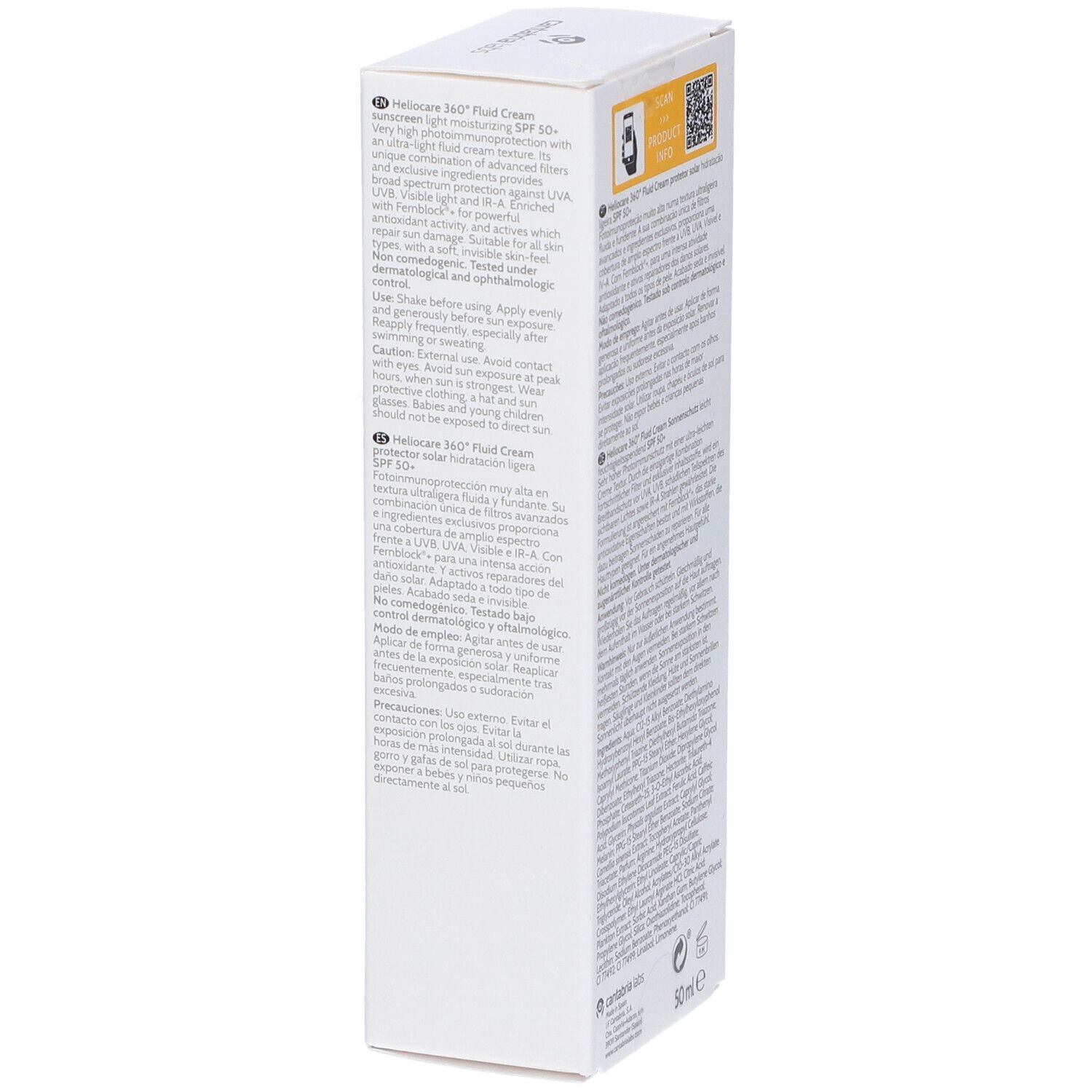 Confezione. Scritta: Heliocare 360° Fluid Cream, SPF 50+.
