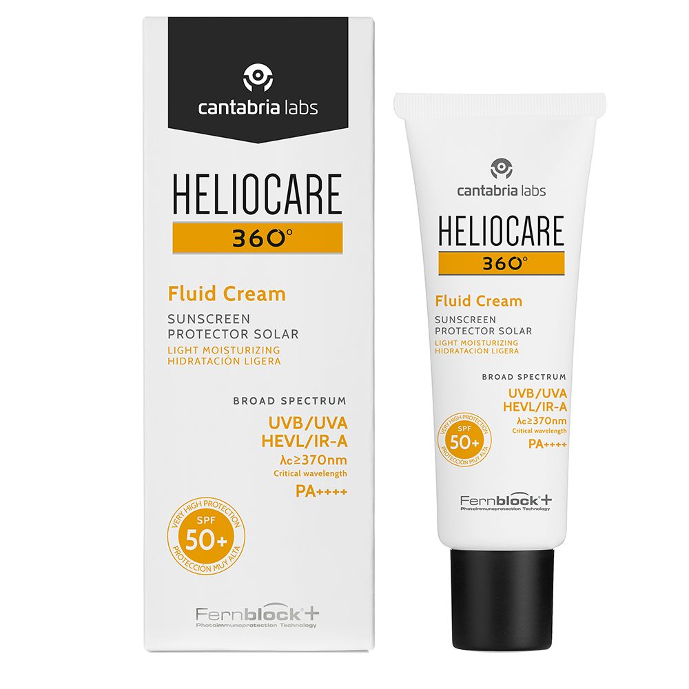 Confezione e tubo. Scritta: Heliocare 360° Fluid Cream, SPF 50+.