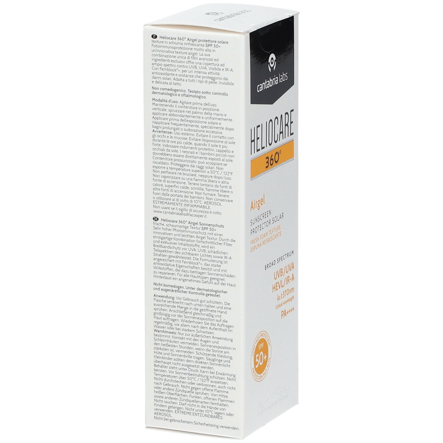 Confezione Heliocare 360° Airgel SPF 50+. Vista laterale. Testo: Airgel, protezione solare, SPF 50+, ingredienti, 60ml.