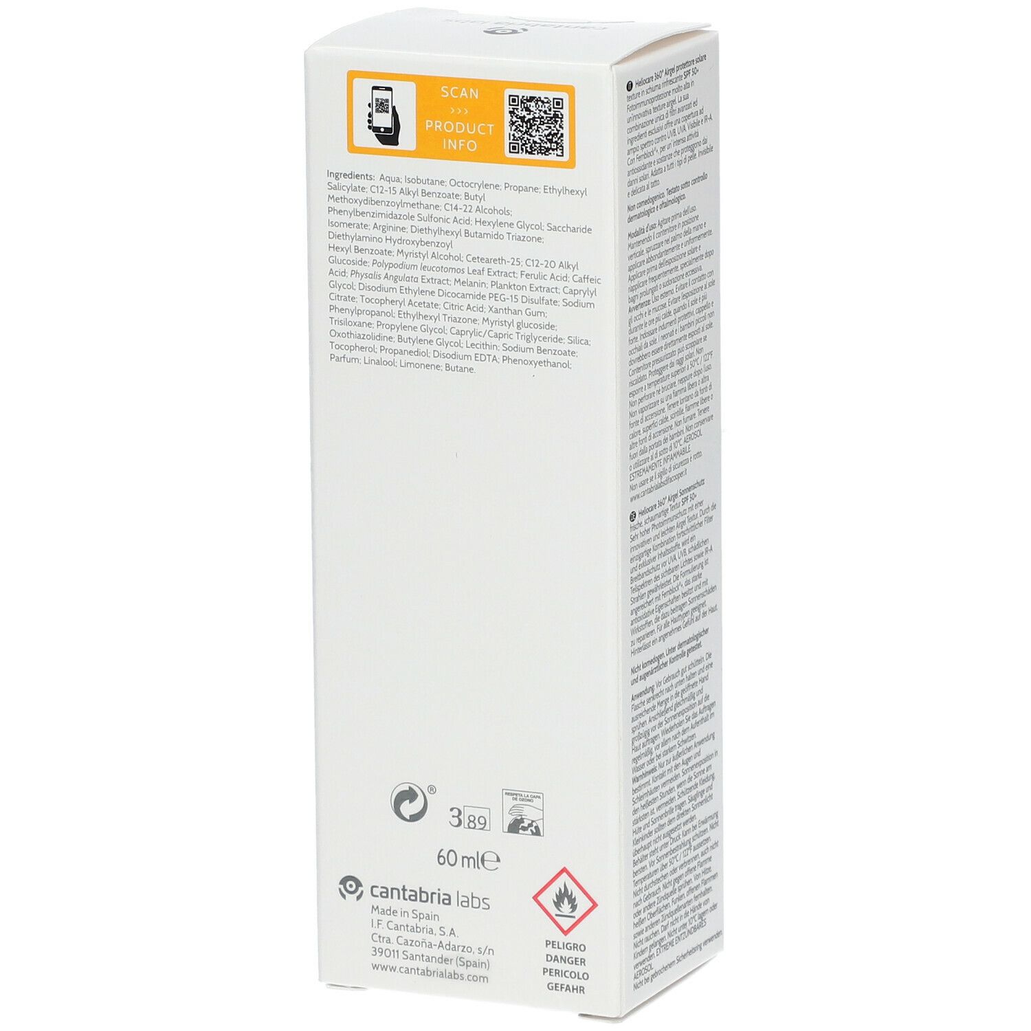 Confezione Heliocare 360° Airgel SPF 50+. Retro. Testo: Airgel, protezione solare, SPF 50+, istruzioni per l'uso, ingredienti, 60ml.