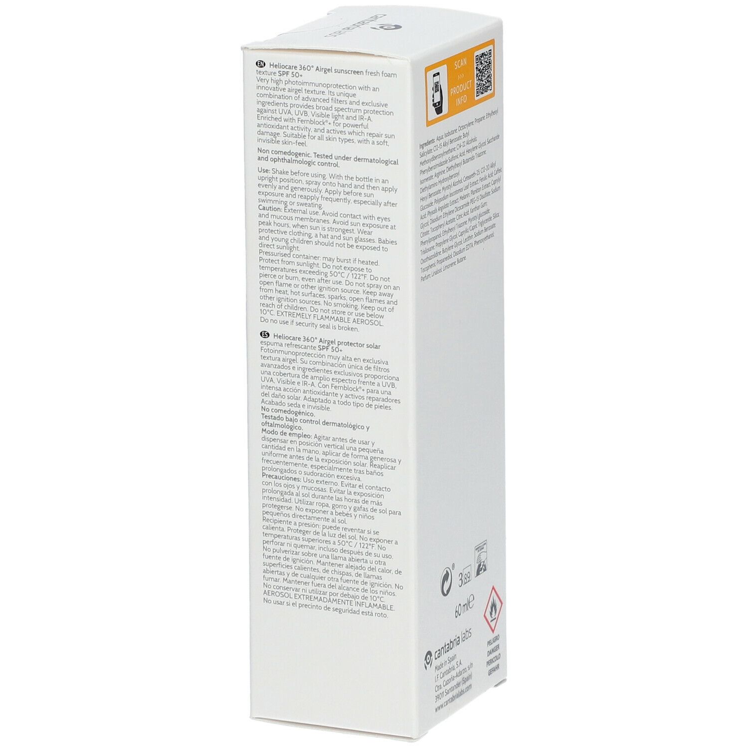 Confezione Heliocare 360° Airgel SPF 50+. Parte anteriore. Testo: Airgel, protezione solare, SPF 50+, UVB/UVA, HEVL/IR-A.