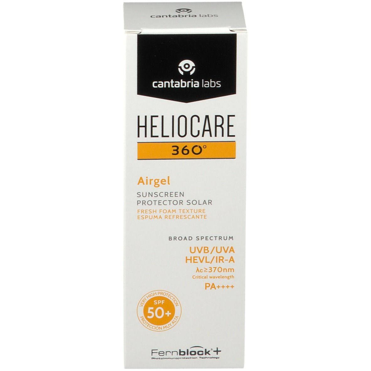 Confezione Heliocare 360° Airgel SPF 50+. Parte anteriore. Testo: Airgel, protezione solare, SPF 50+, UVB/UVA, HEVL/IR-A.
