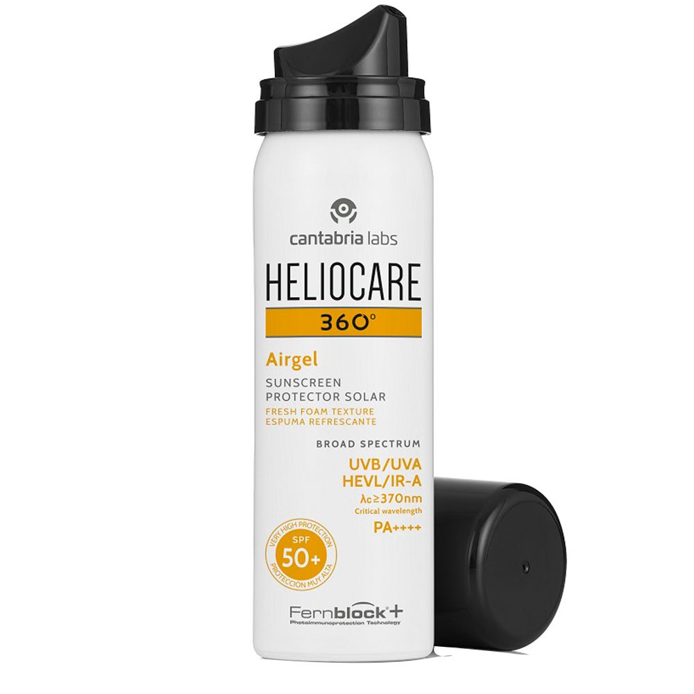 Flacone Heliocare 360° Airgel SPF 50+ con tappo aperto. Bianco, tappo nero. Testo: Airgel, protezione solare, SPF 50+.