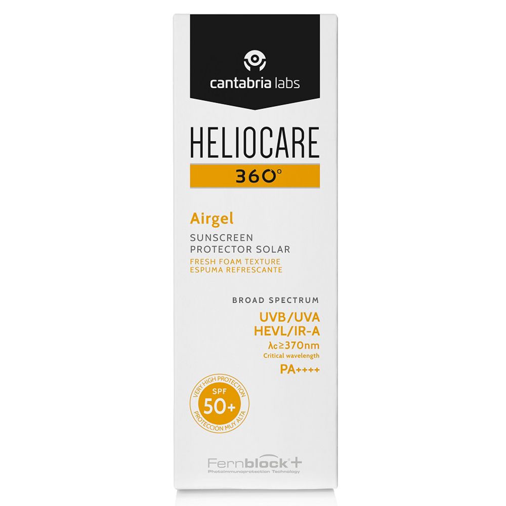 Confezione Heliocare 360° Airgel SPF 50+. Bianco, giallo, nero. Testo: Airgel, protezione solare, SPF 50+, UVB/UVA, HEVL/IR-A.