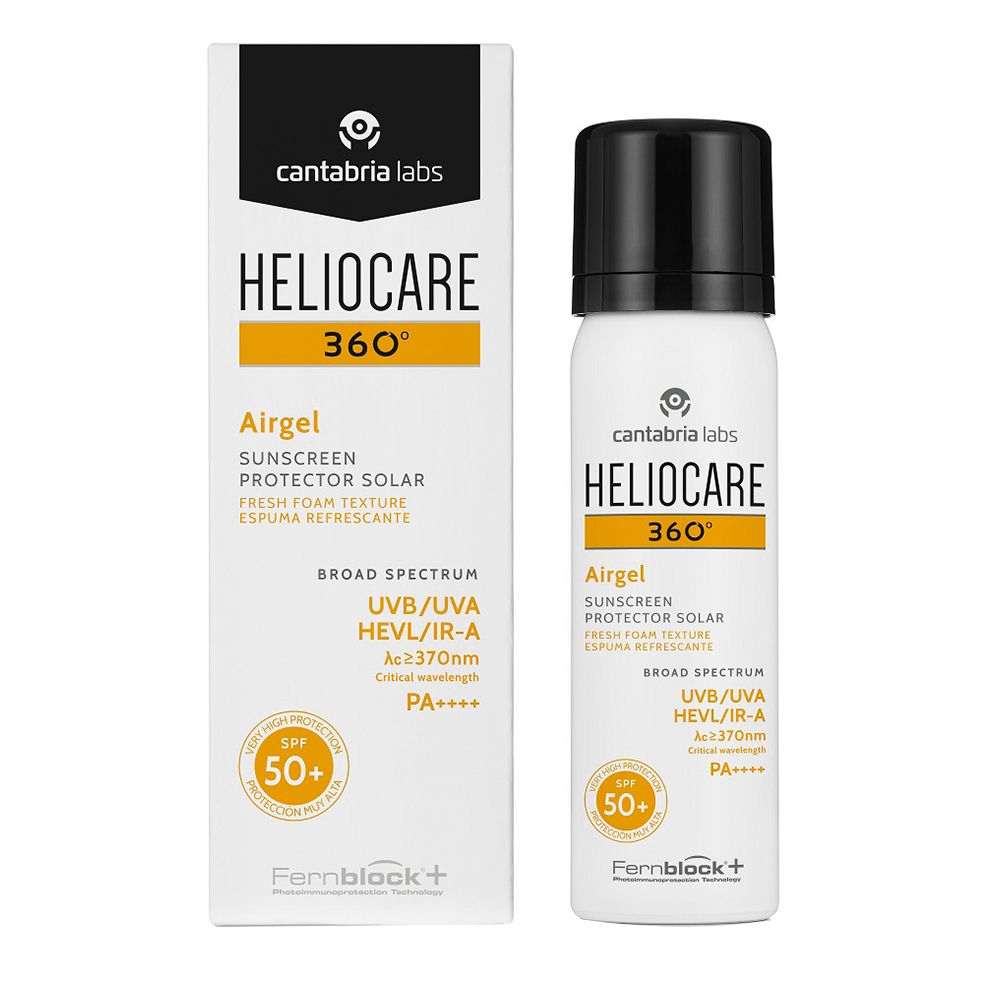Flacone e confezione Heliocare 360° Airgel SPF 50+. Bianco, giallo, nero. Testo: Airgel, protezione solare, SPF 50+.