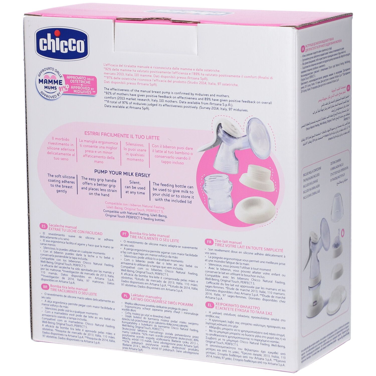 Chicco® Tiralatte Manuale Natural Feeling. Rückseite der Verpackung. Text und Abbildungen der Komponenten. Text: Tiralatte manuale.