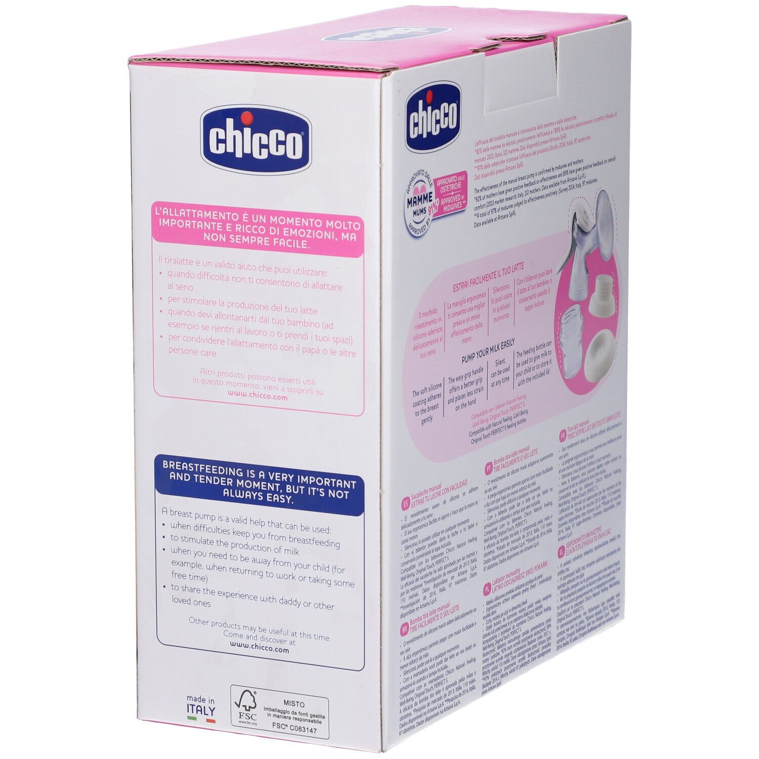 Chicco® Tiralatte Manuale Natural Feeling. Verpackung, Seitenansicht. Text: Tiralatte manuale, Manual breast pump.