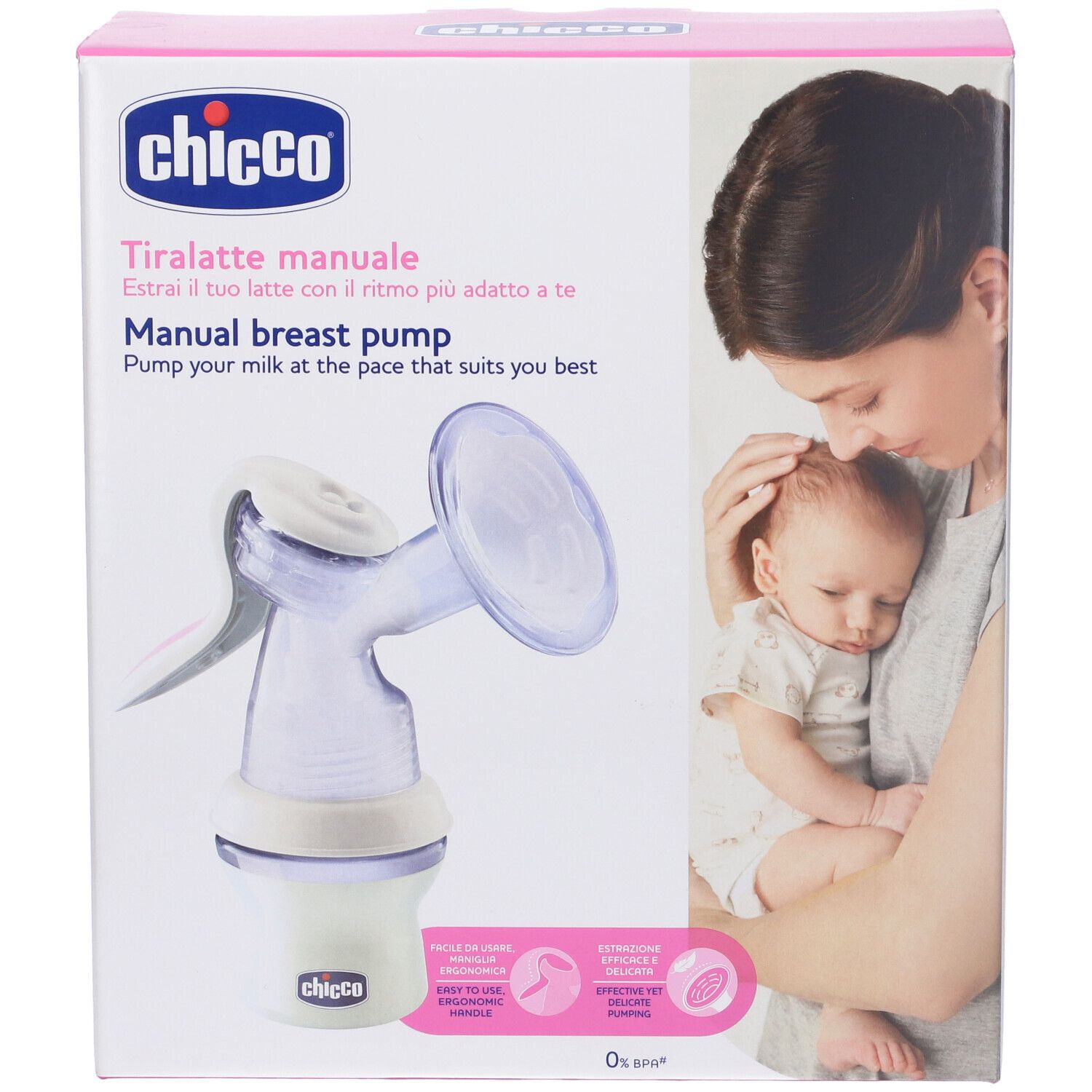 Chicco® Tiralatte Manuale Natural Feeling. Verpackung mit Milchpumpe und Frau mit Baby. Text: Tiralatte manuale, Manual breast pump.
