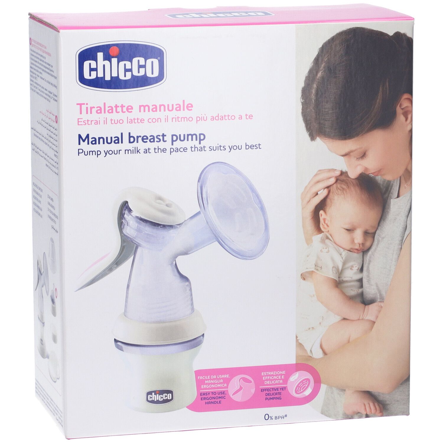 Chicco® Tiralatte Manuale Natural Feeling. Verpackung mit Milchpumpe und Frau mit Baby. Text: Tiralatte manuale, Manual breast pump.