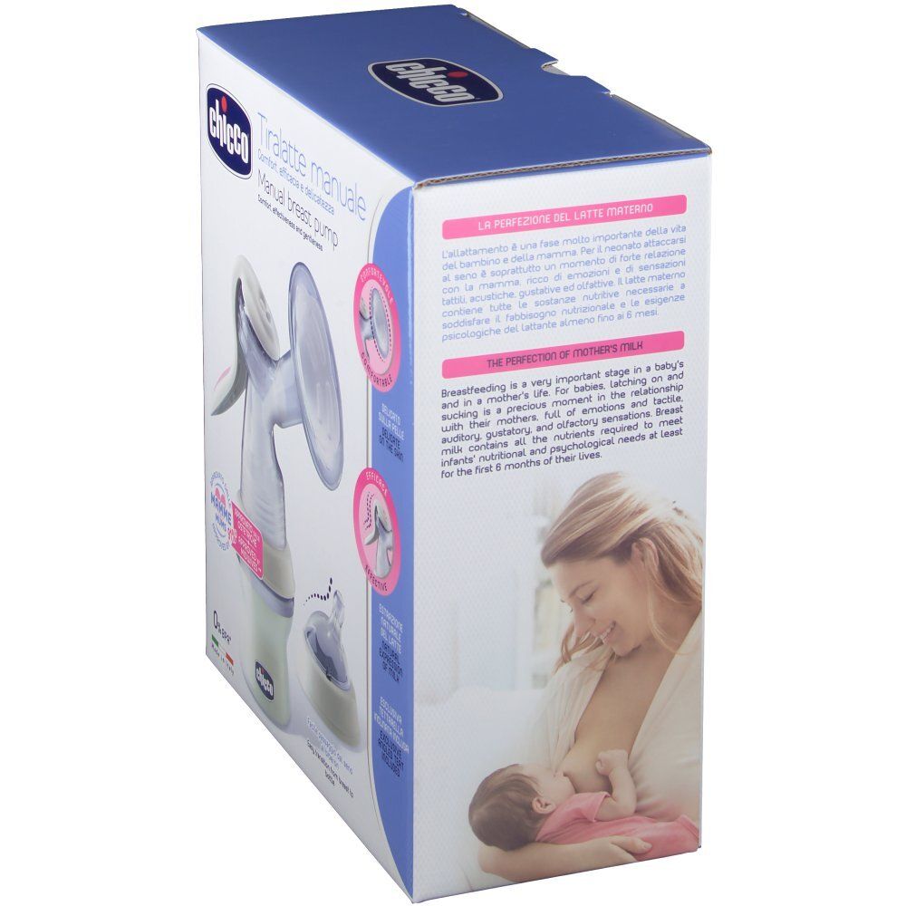 Confezione di Chicco® Tiralatte Manuale. Vista laterale con immagine del prodotto e testo. Donna che allatta un bambino. Testo sull'allattamento.