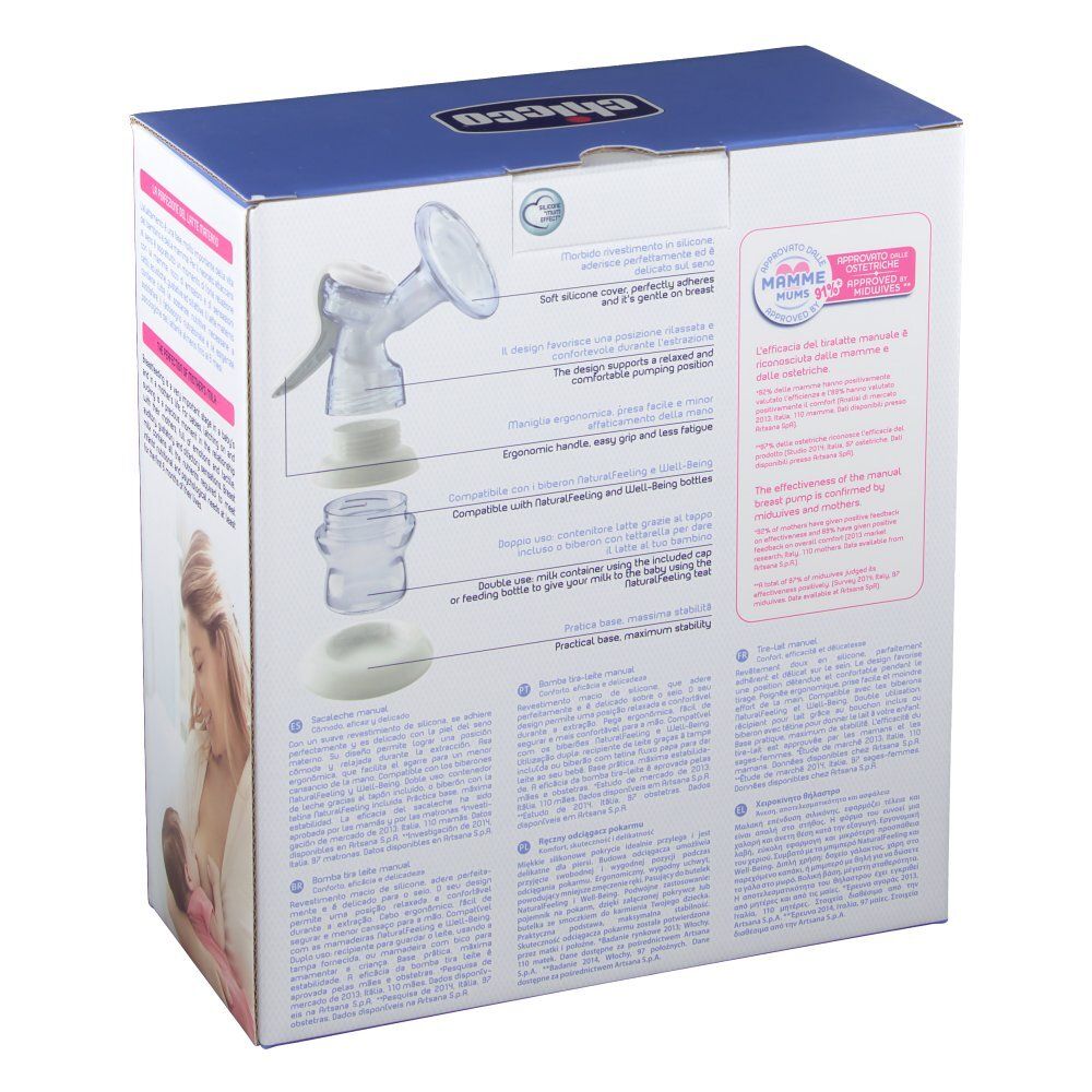 Retro della confezione di Chicco® Tiralatte Manuale. Immagine del prodotto con componenti. Testo e illustrazioni. Certificazioni.