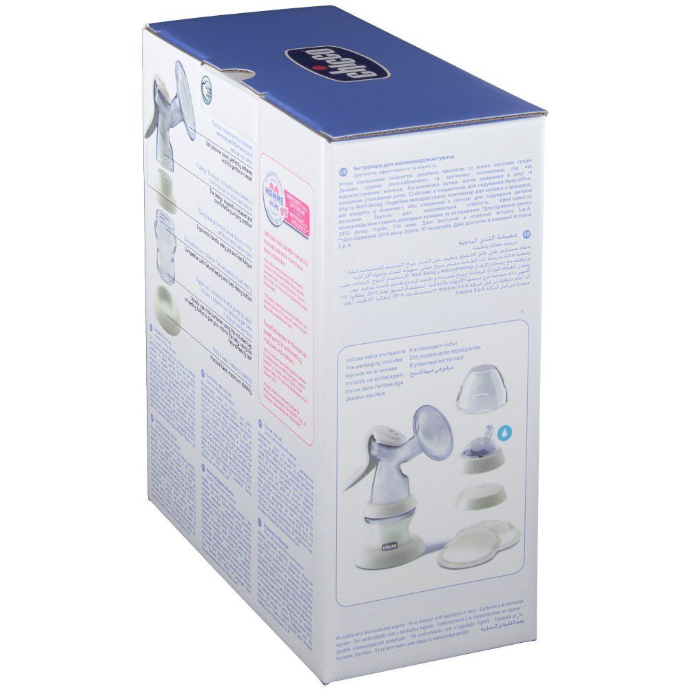 Confezione di Chicco® Tiralatte Manuale. Vista prospettica. Immagine del prodotto e componenti. Testo e illustrazioni.