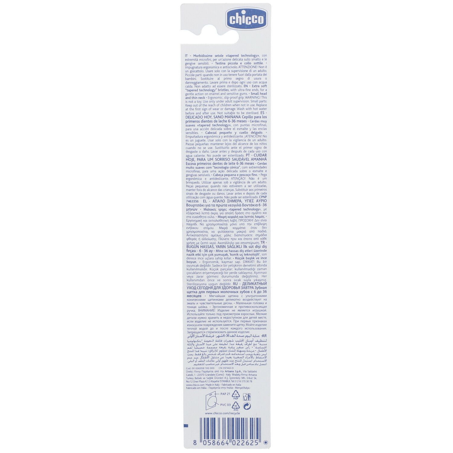 Retro della confezione dello spazzolino per bambini. Testo multilingue. Marchio Chicco.