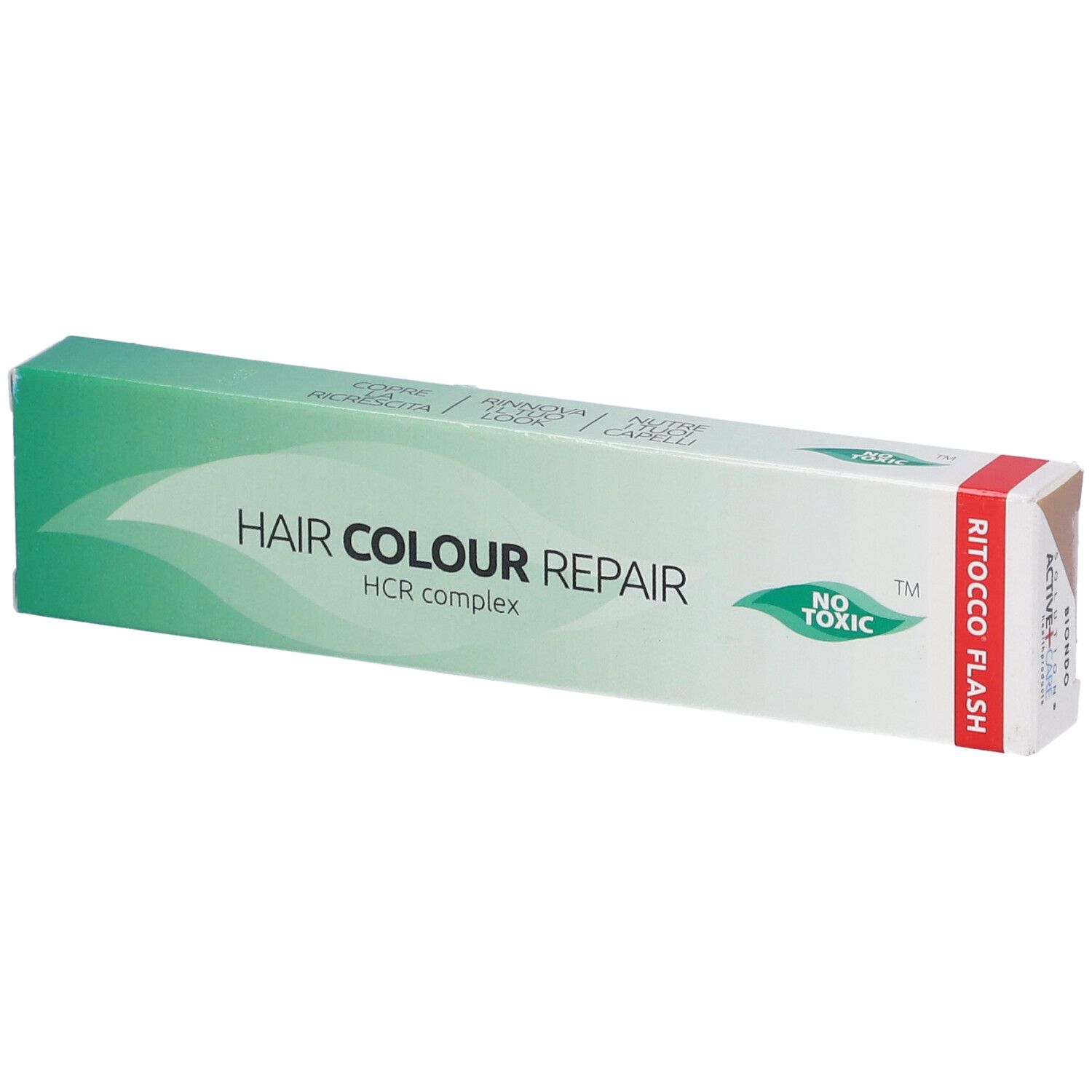 Confezione per la riparazione del colore dei capelli. Scatola verde e bianca con testo: HAIR COLOUR REPAIR, HCR complex, NO TOXIC. RITOCCO FLASH.