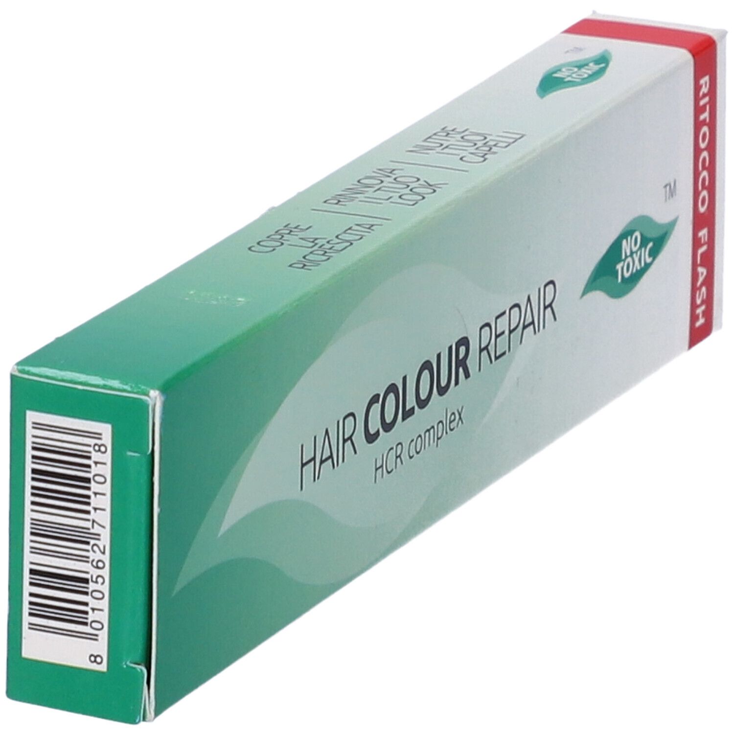 Confezione per la riparazione del colore dei capelli. Scatola verde e bianca con testo: HAIR COLOUR REPAIR, HCR complex, NO TOXIC. Codice a barre.