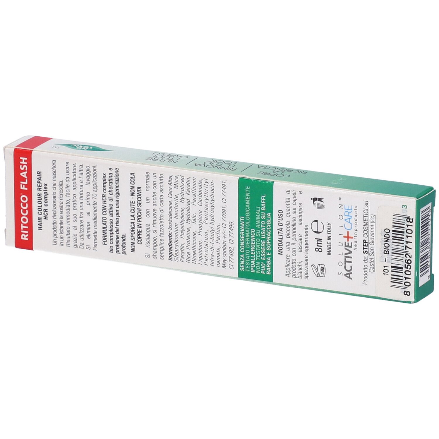 Confezione per la riparazione del colore dei capelli. Retro con testo e ingredienti. 8ml. ACTIVE+CARE SOLUTION. BIONDO.
