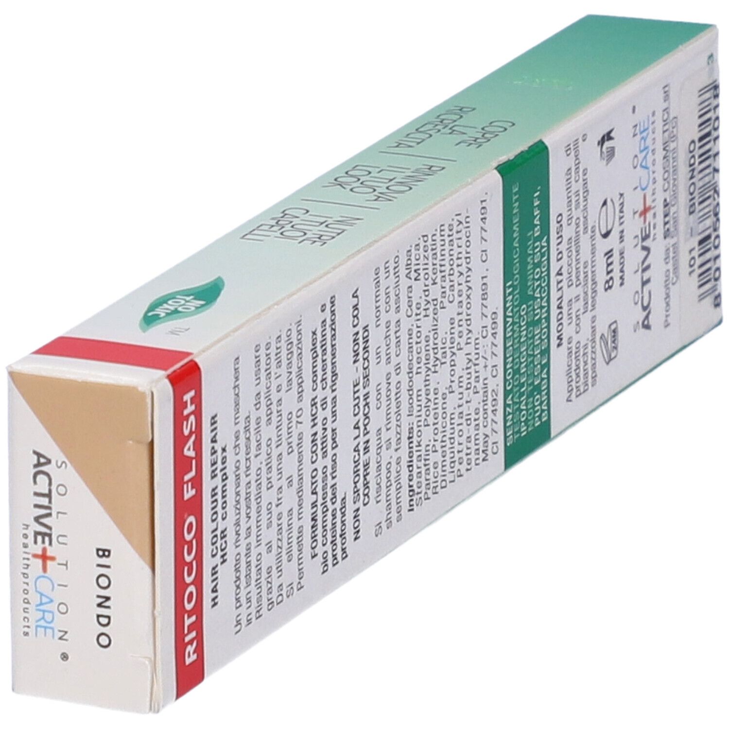 Confezione per la riparazione del colore dei capelli. Scatola con testo e ingredienti. 8ml. ACTIVE+CARE SOLUTION. BIONDO.