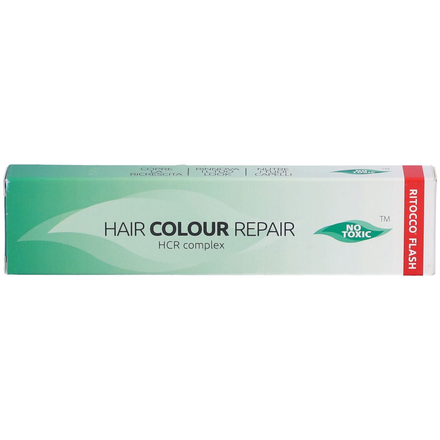 Confezione per la riparazione del colore dei capelli. Scatola verde e bianca con testo: HAIR COLOUR REPAIR, HCR complex, NO TOXIC. RITOCCO FLASH.