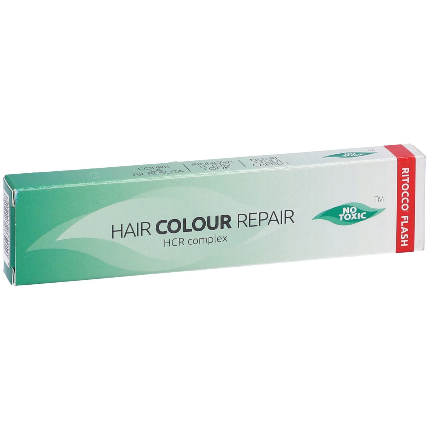 Confezione per la riparazione del colore dei capelli. Scatola verde e bianca con testo: HAIR COLOUR REPAIR, HCR complex, NO TOXIC. RITOCCO FLASH.