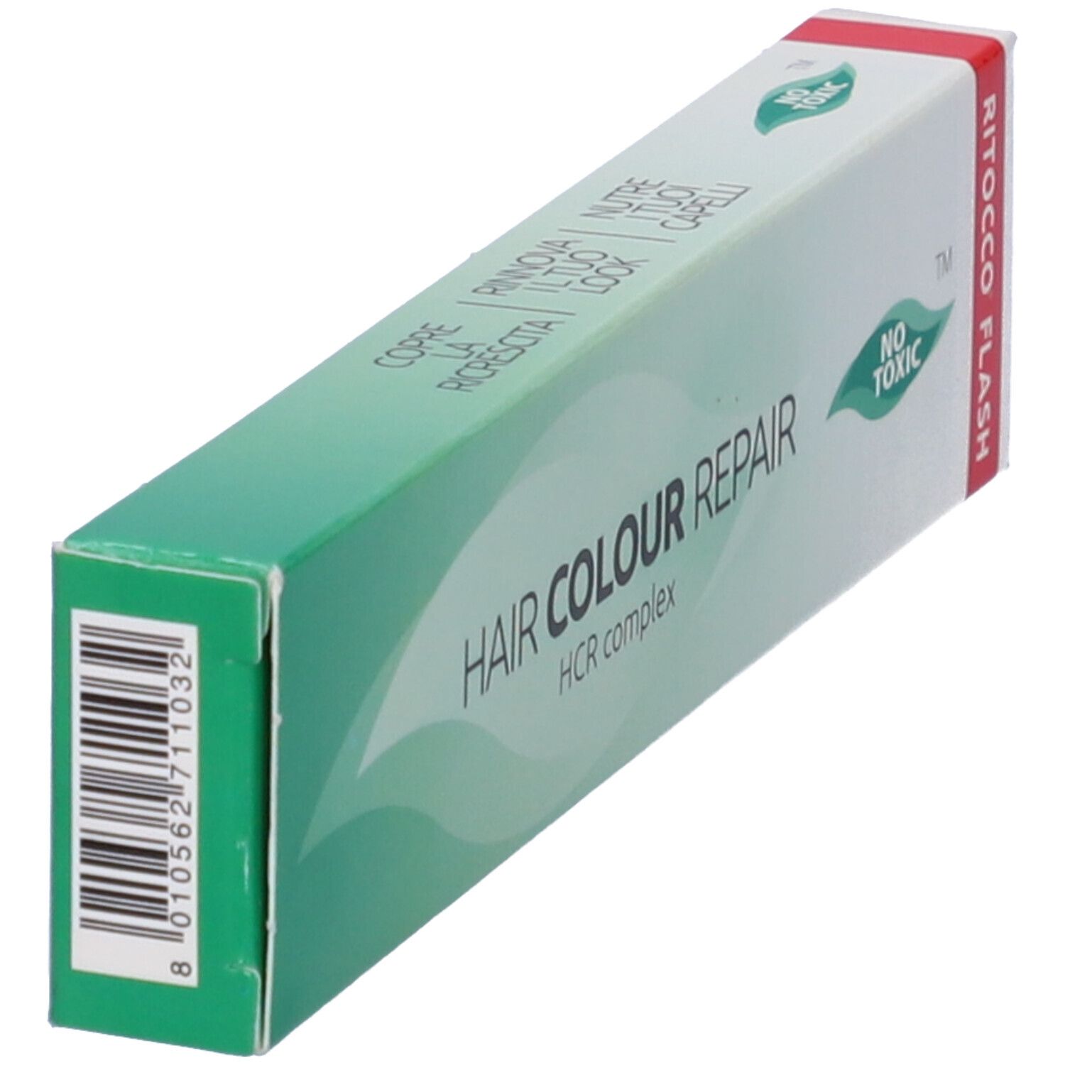 Scatola con scritta HAIR COLOUR REPAIR, HCR complex. Logo foglia. Codice a barre. Testo: RITOCCO FLASH.