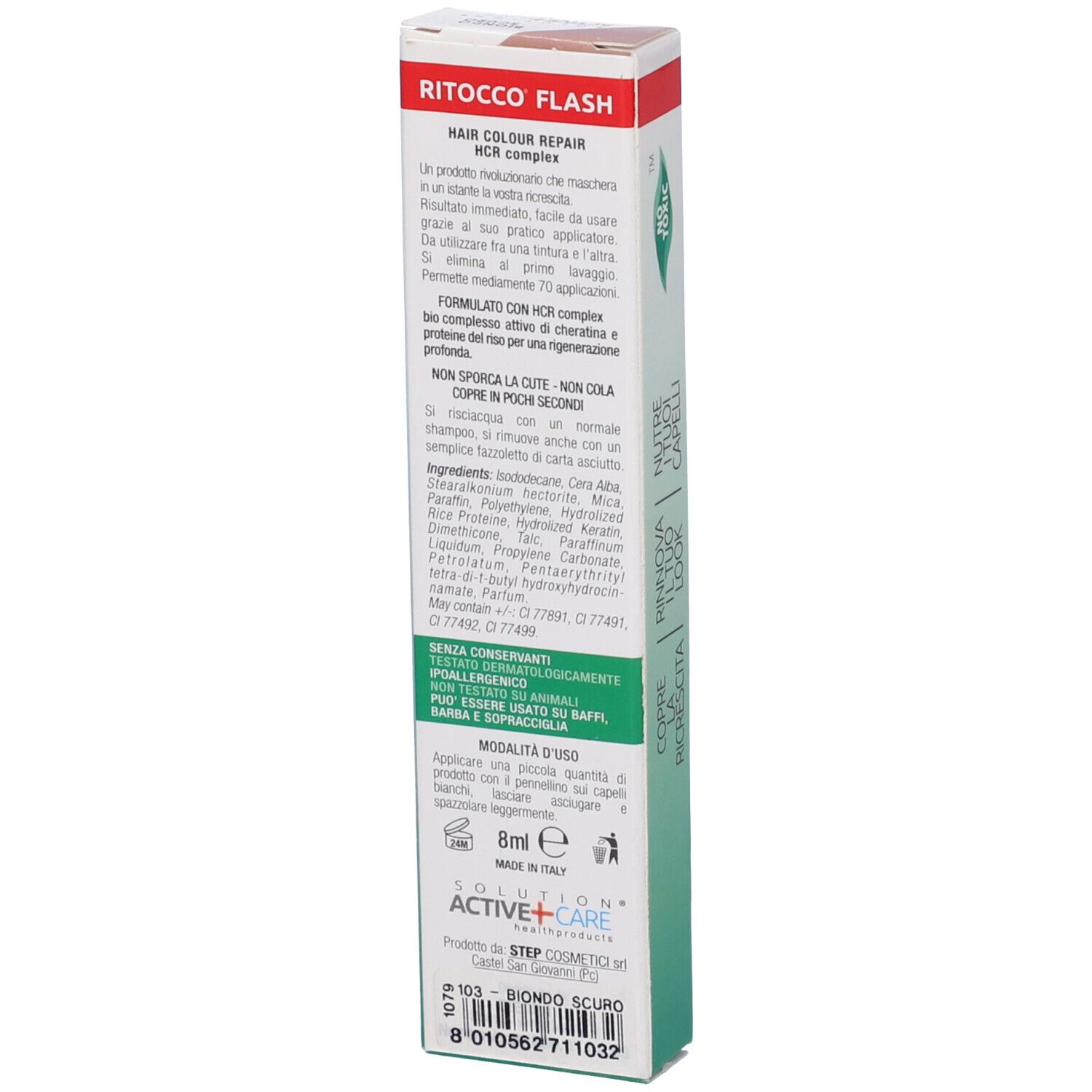 Retro scatola con testo. Testo: RITOCCO FLASH, ingredienti, 8ml. Logo: ACTIVE+CARE.