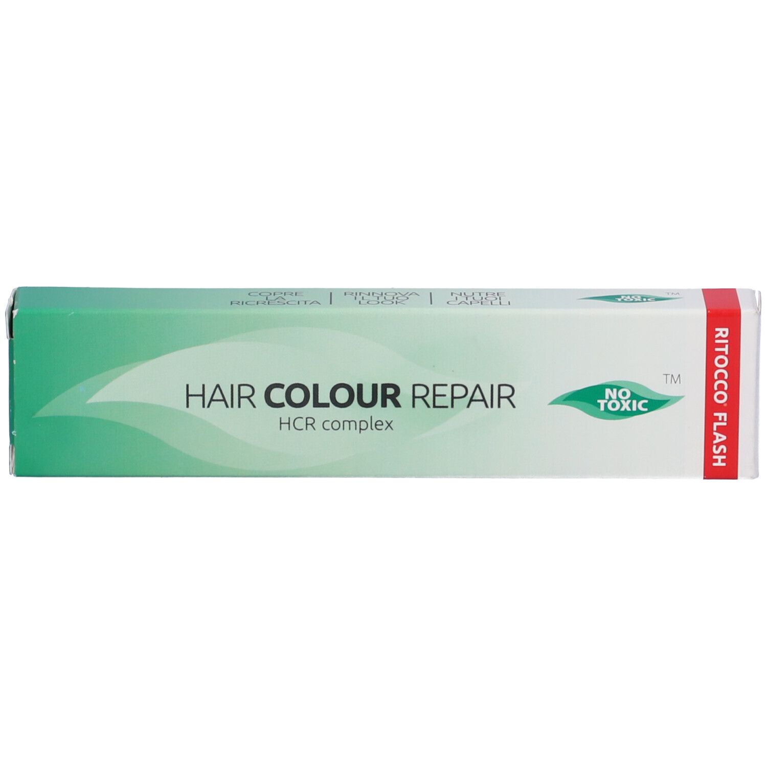 Scatola con scritta HAIR COLOUR REPAIR, HCR complex. Logo foglia. Testo: RITOCCO FLASH.