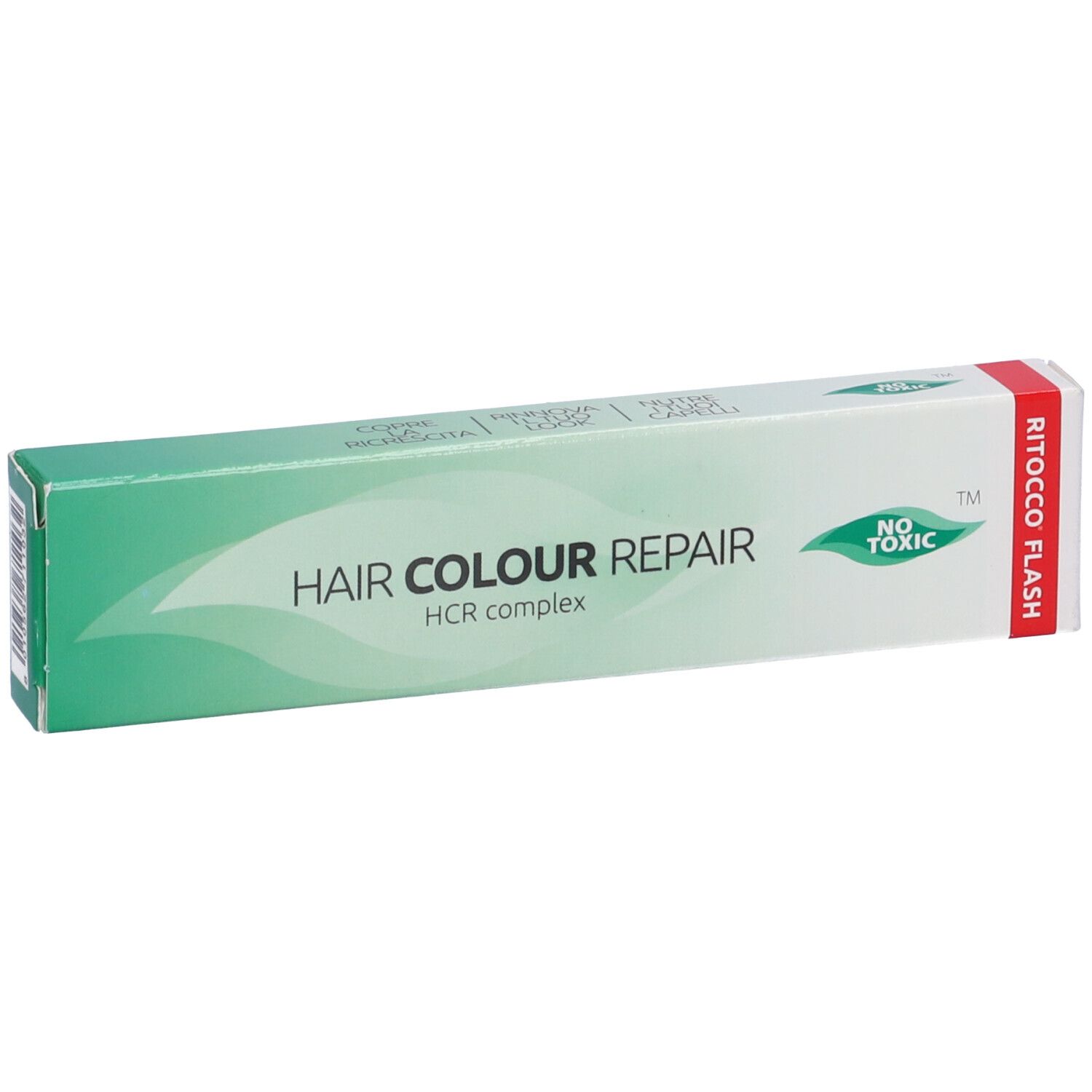 Scatola con scritta HAIR COLOUR REPAIR, HCR complex. Logo foglia. Testo: RITOCCO FLASH.