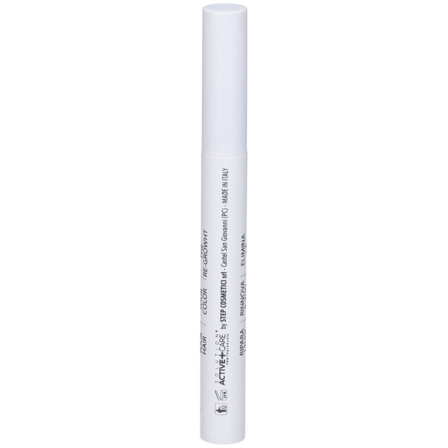 Penna bianca con testo: ACTIVE+, HAIR, COLOR, RE-GROWTH, COVER, RINNOVA, ELIMINA.
