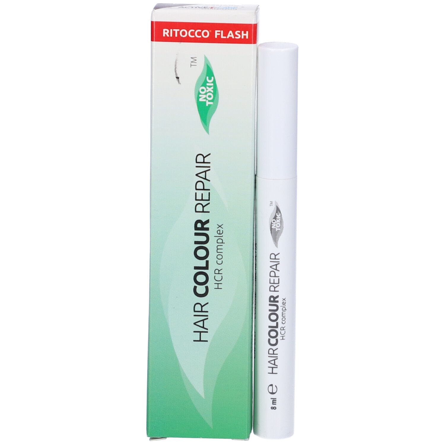 Prodotto e confezione. Penna bianca e scatola verde con scritta HAIR COLOUR REPAIR.