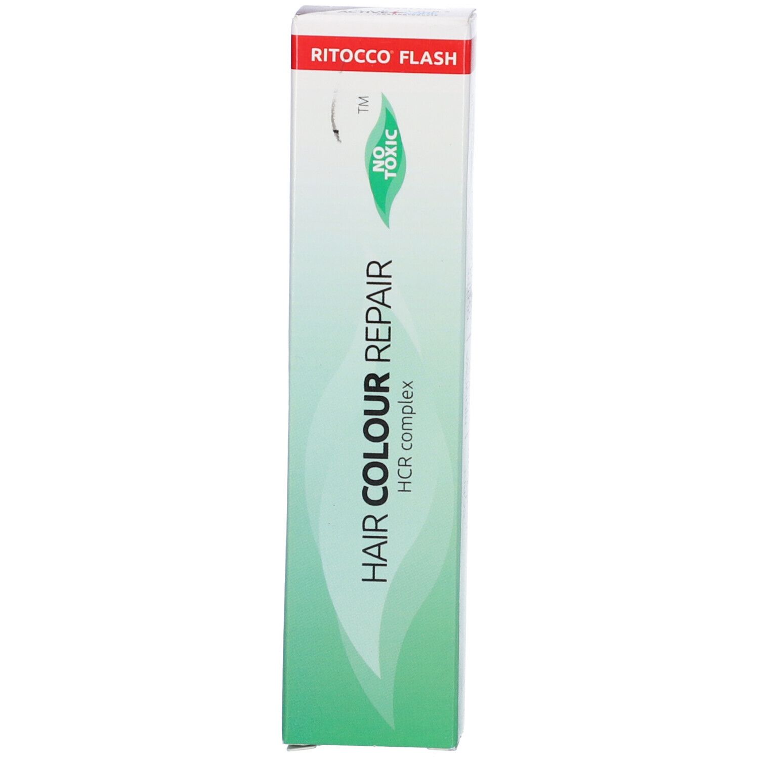 Scatola verde con scritta HAIR COLOUR REPAIR. In alto: RITOCCO FLASH, NO TOXIC.