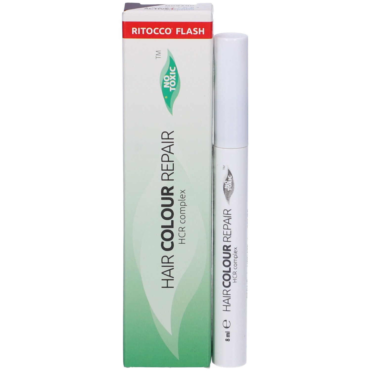 Prodotto per la riparazione del colore dei capelli con confezione. Scritta: HAIR COLOUR REPAIR, HCR complex. Prodotto bianco e confezione verde.