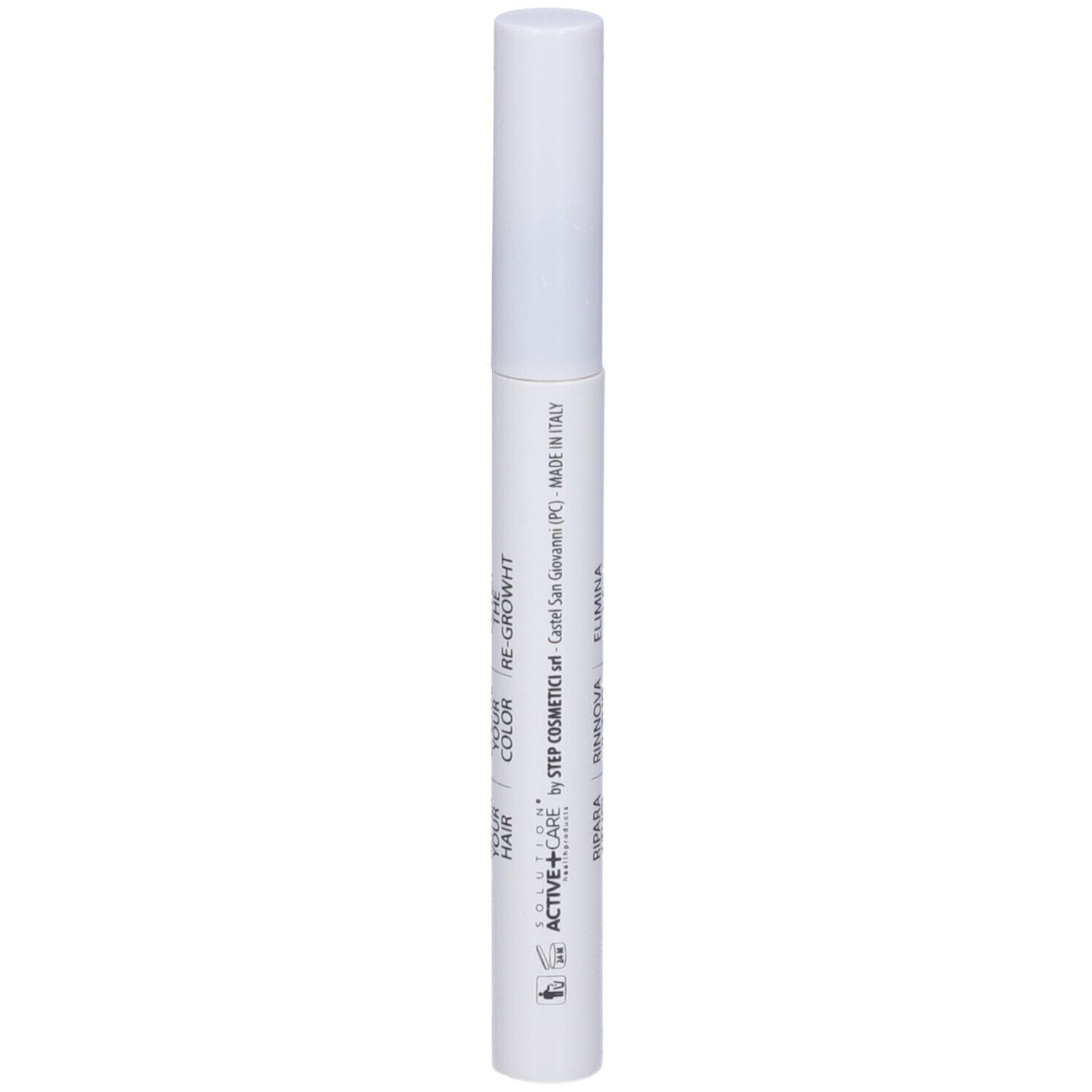 Penna bianca per la riparazione del colore dei capelli. Scritta: ACTIVE+CARE, RE-GROWTH, MADE IN ITALY, Elimina.