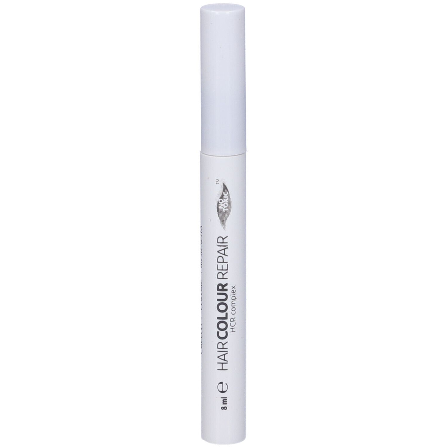 Penna bianca per la riparazione del colore dei capelli. Scritta: HAIR COLOUR REPAIR, HCR complex, 8 ml.