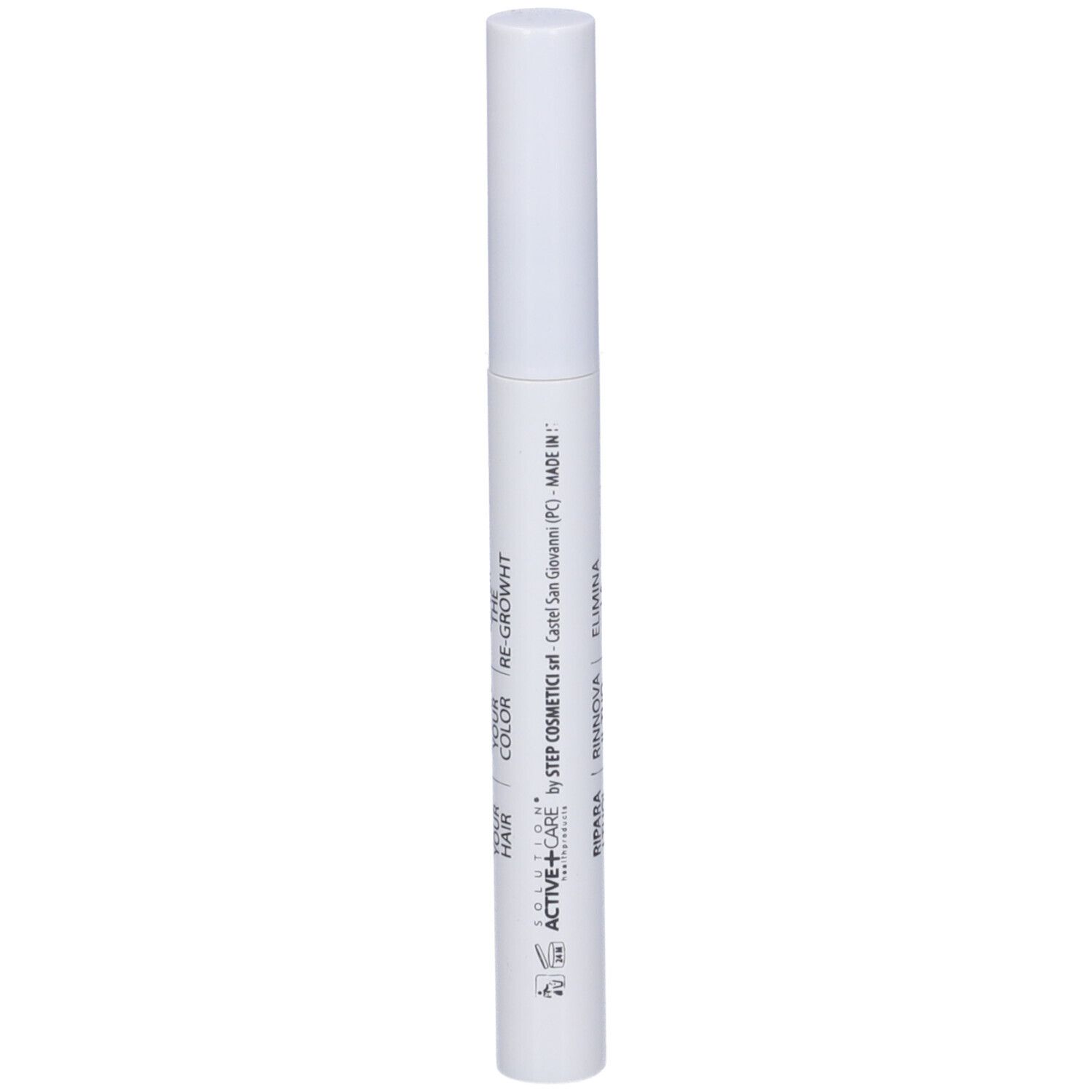 Penna bianca con testo: Active+Care, Re-Growht, Color, Made in Italy.