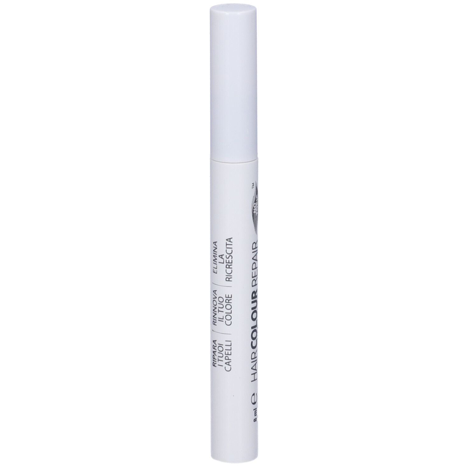 Penna bianca con testo: Hair Colour Repair, 8 ml, Ripara i tuoi capelli, rinnova il colore, elimina la ricrescita.