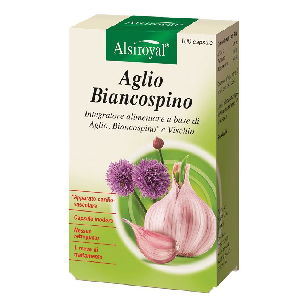 Scatola con testo Aglio Biancospino, 100 capsule. Illustrazione di aglio e fiori. Marchio Alsiroyal. Integratore alimentare a base di aglio, biancospino e vischio.