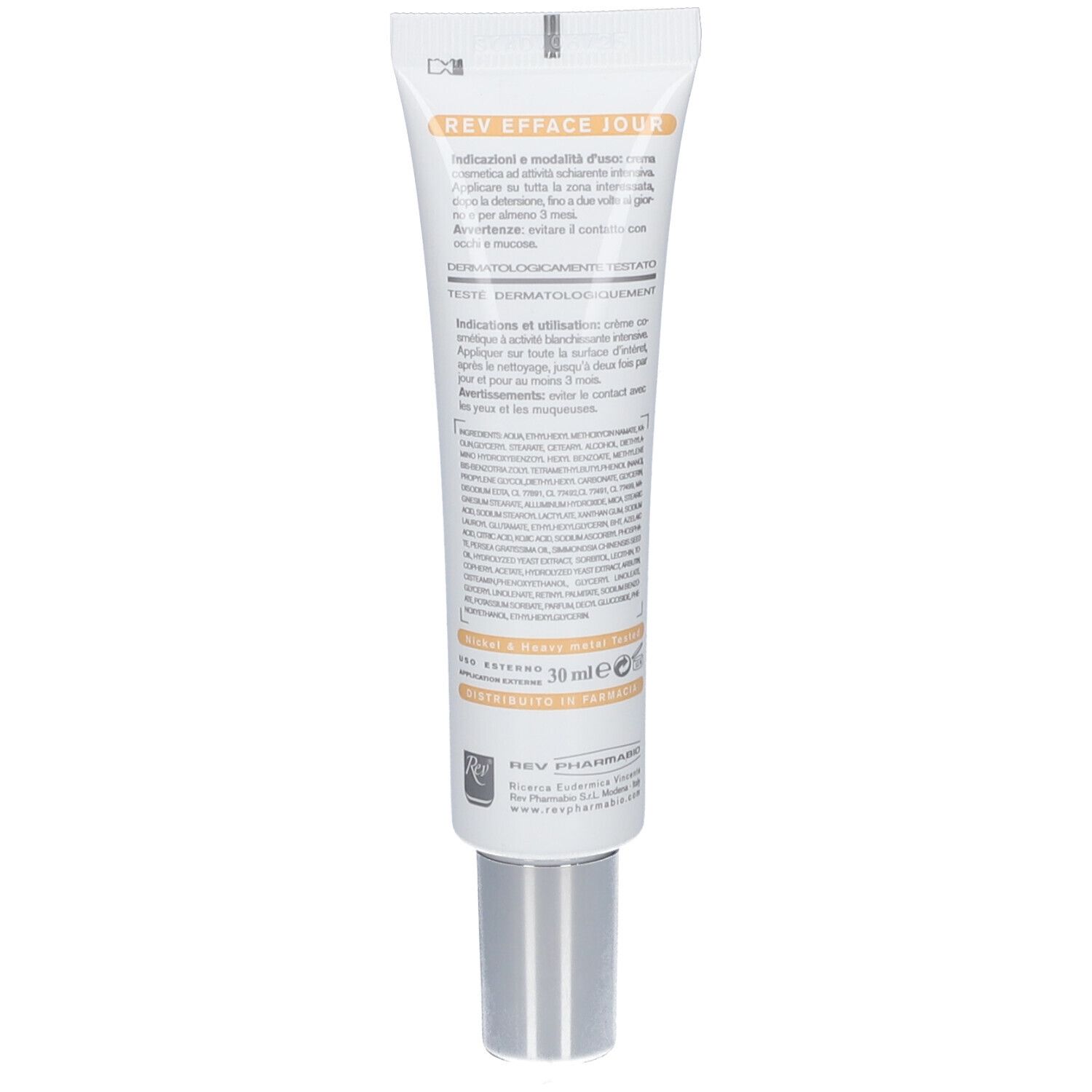 Rückseite des Creme-Tubes. Text in mehreren Sprachen. Silberne Kappe. Aufschrift: Rev Efface Jour.