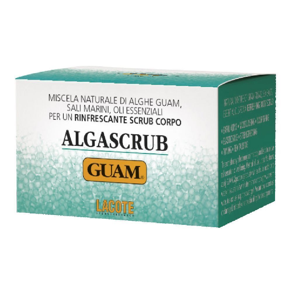 Scatola di GUAM Algascrub. Testo: Algascrub, GUAM, Lacote. Confezione verde e bianca con informazioni sul prodotto.