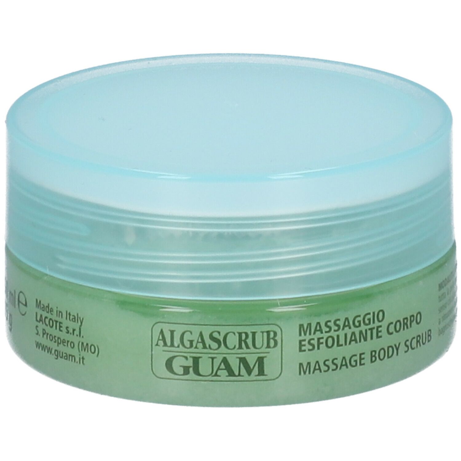 Vaso rotondo di GUAM Algascrub. Contenuto verde, coperchio blu. Testo: Algascrub, GUAM, Massage Esfoliante Corpo.