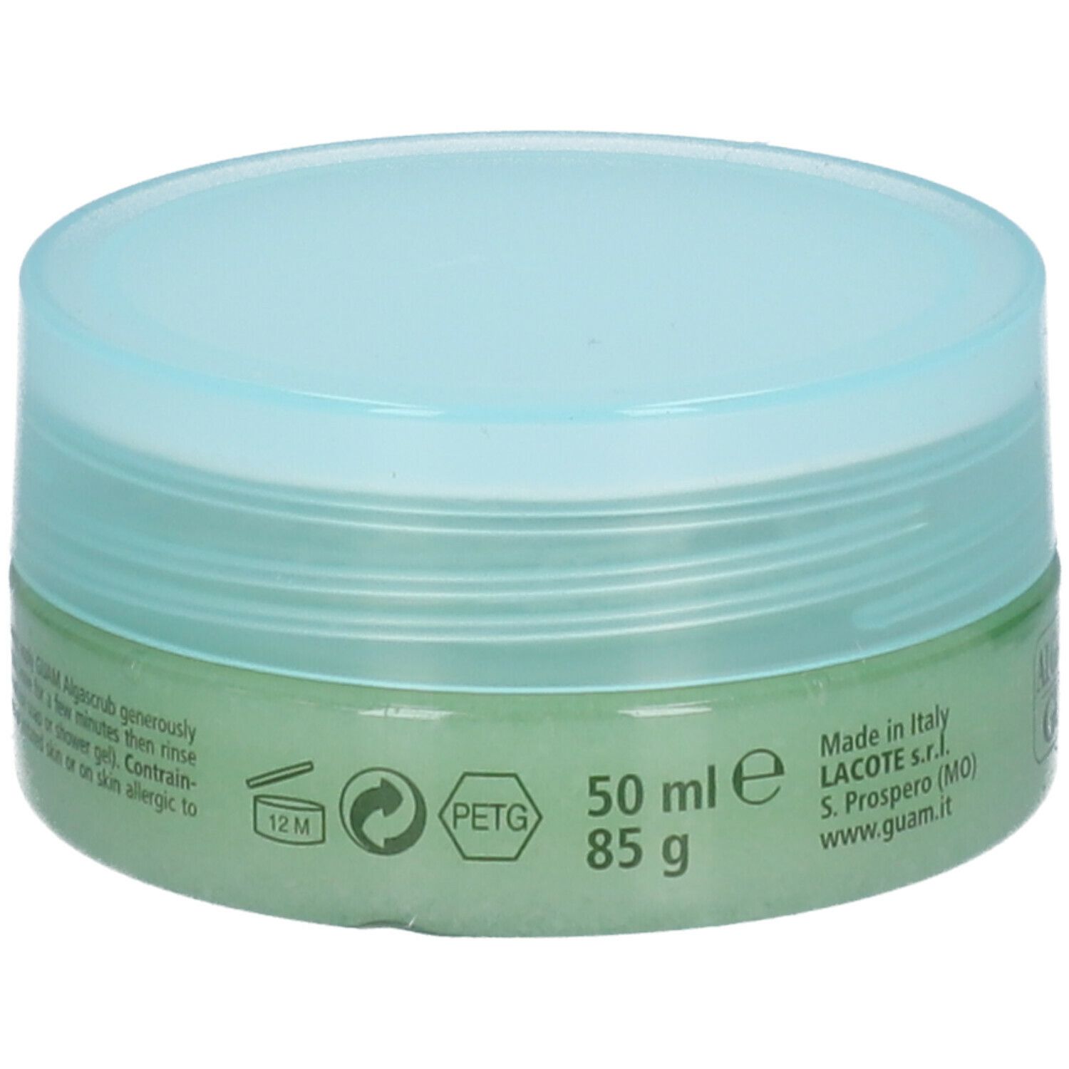 Vaso rotondo di GUAM Algascrub. Contenuto verde, coperchio blu. Testo: Algascrub, GUAM, Massage Esfoliante Corpo, 50 ml, 85 g.