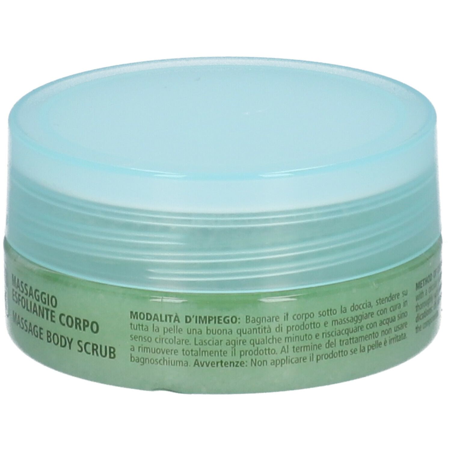Vaso rotondo di GUAM Algascrub. Contenuto verde, coperchio blu. Testo: Massage Esfoliante Corpo, Massage Body Scrub.