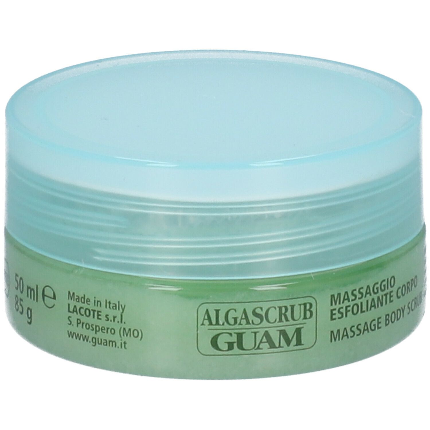 Vaso rotondo di GUAM Algascrub. Contenuto verde, coperchio blu. Testo: 50 ml, 85 g, Algascrub, GUAM, Massage Esfoliante Corpo.