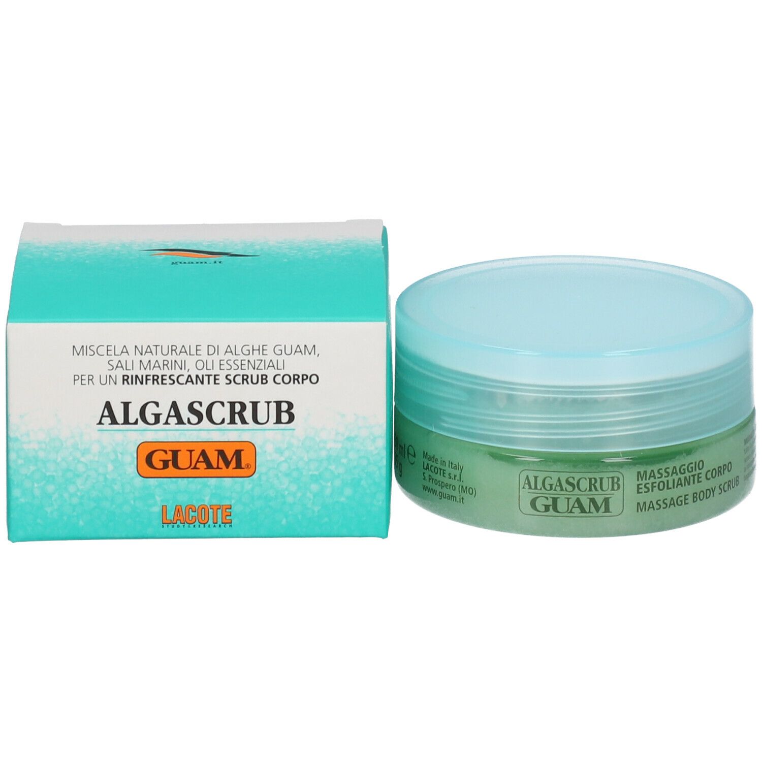 Vaso e scatola GUAM Algascrub. Vaso con contenuto verde, coperchio blu. Scatola con informazioni sul prodotto.